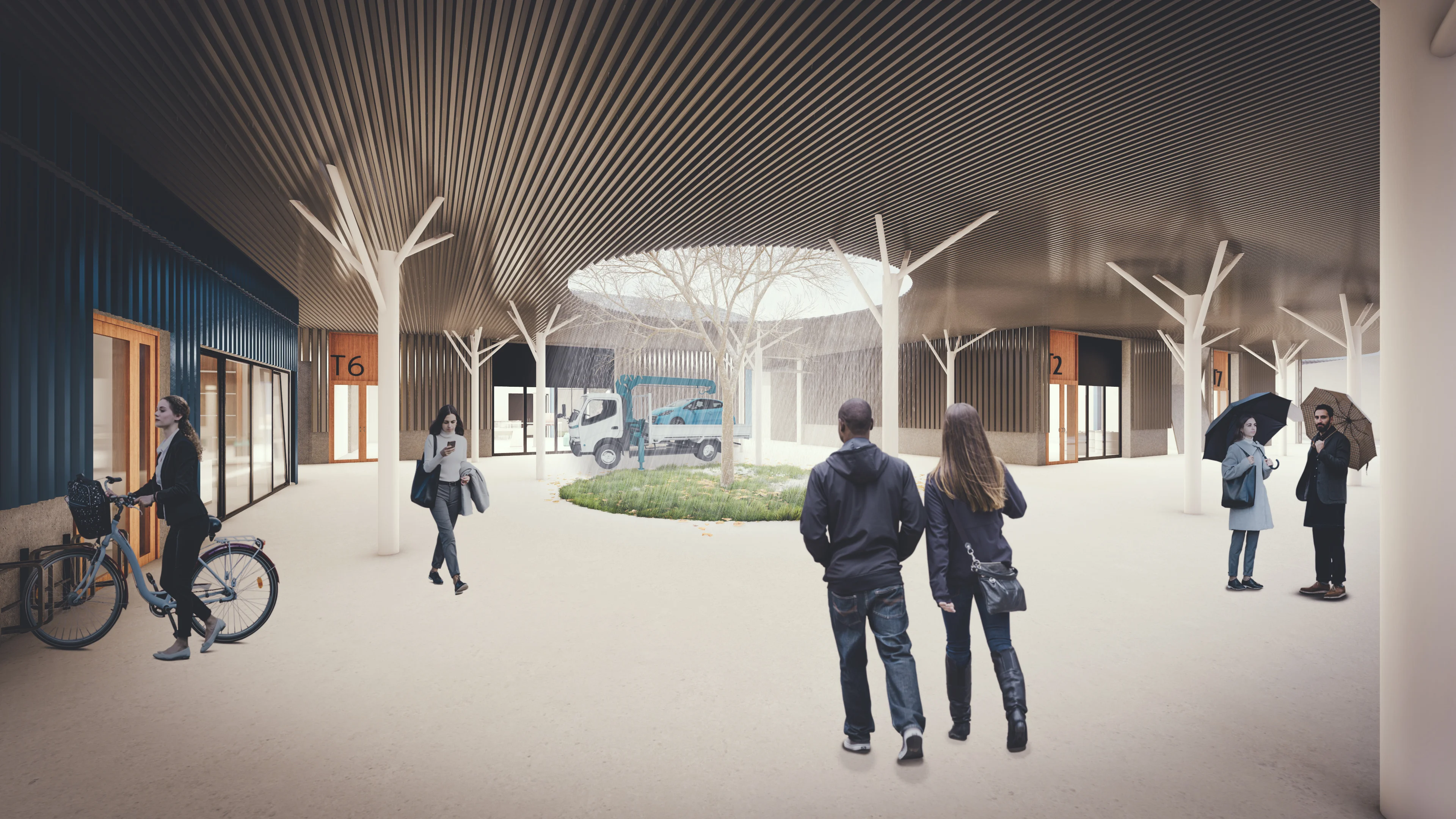 Render de plaza cubierta con pilares arborescentes y grupos de personas.